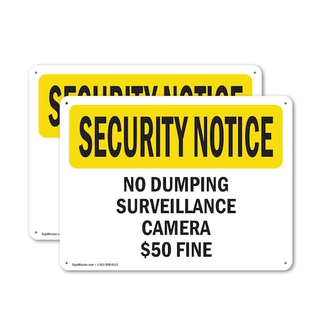 Signmission No Dumping Surveillance Camera $50 Fine OSHA Security Notice Sign, Aluminum, 14in W x 10in L, 2PK OS-2PACK-SN-A-1014-L-11494